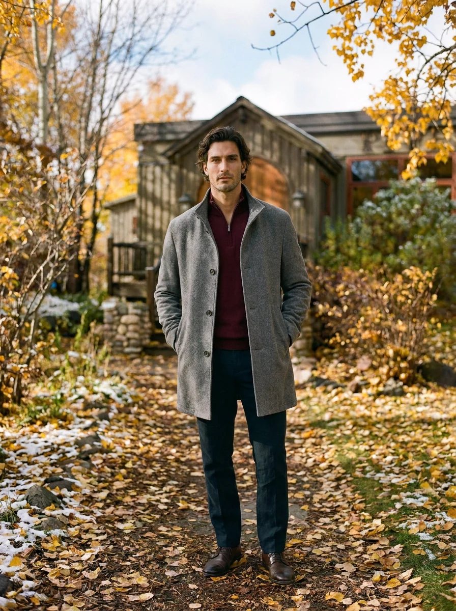 Paul Betenly charcoal topcoat worn open over a burgundy quarter-zip