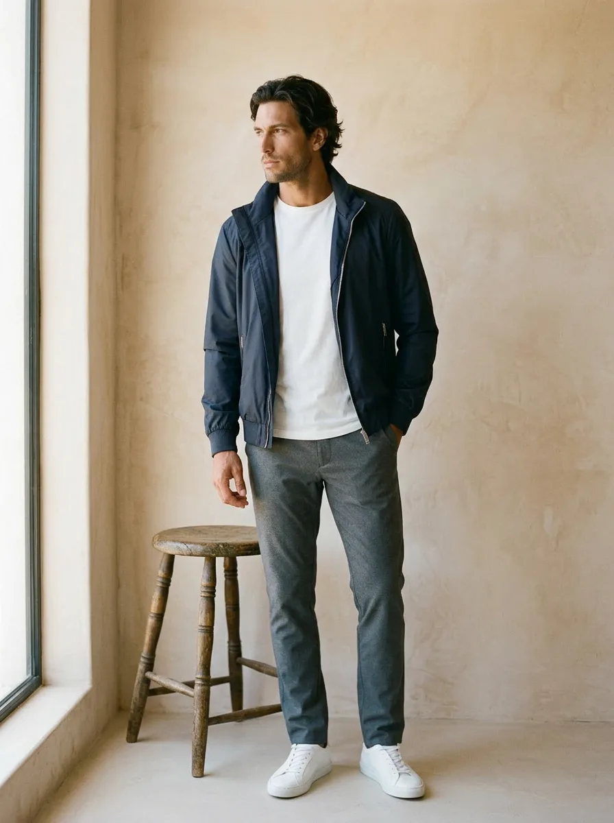 Casual look — navy bomber, grey trousers