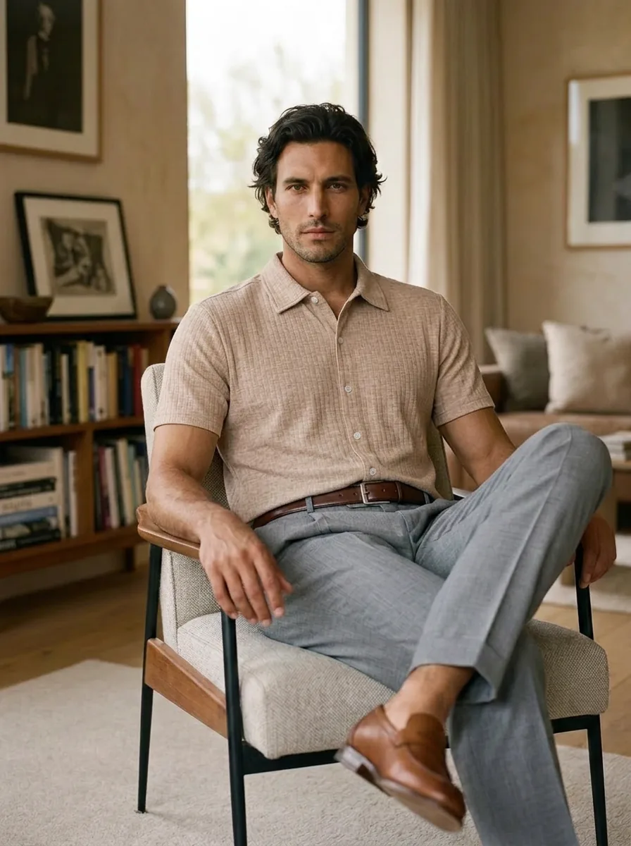 Casual look — blue knit polo, pleated trousers