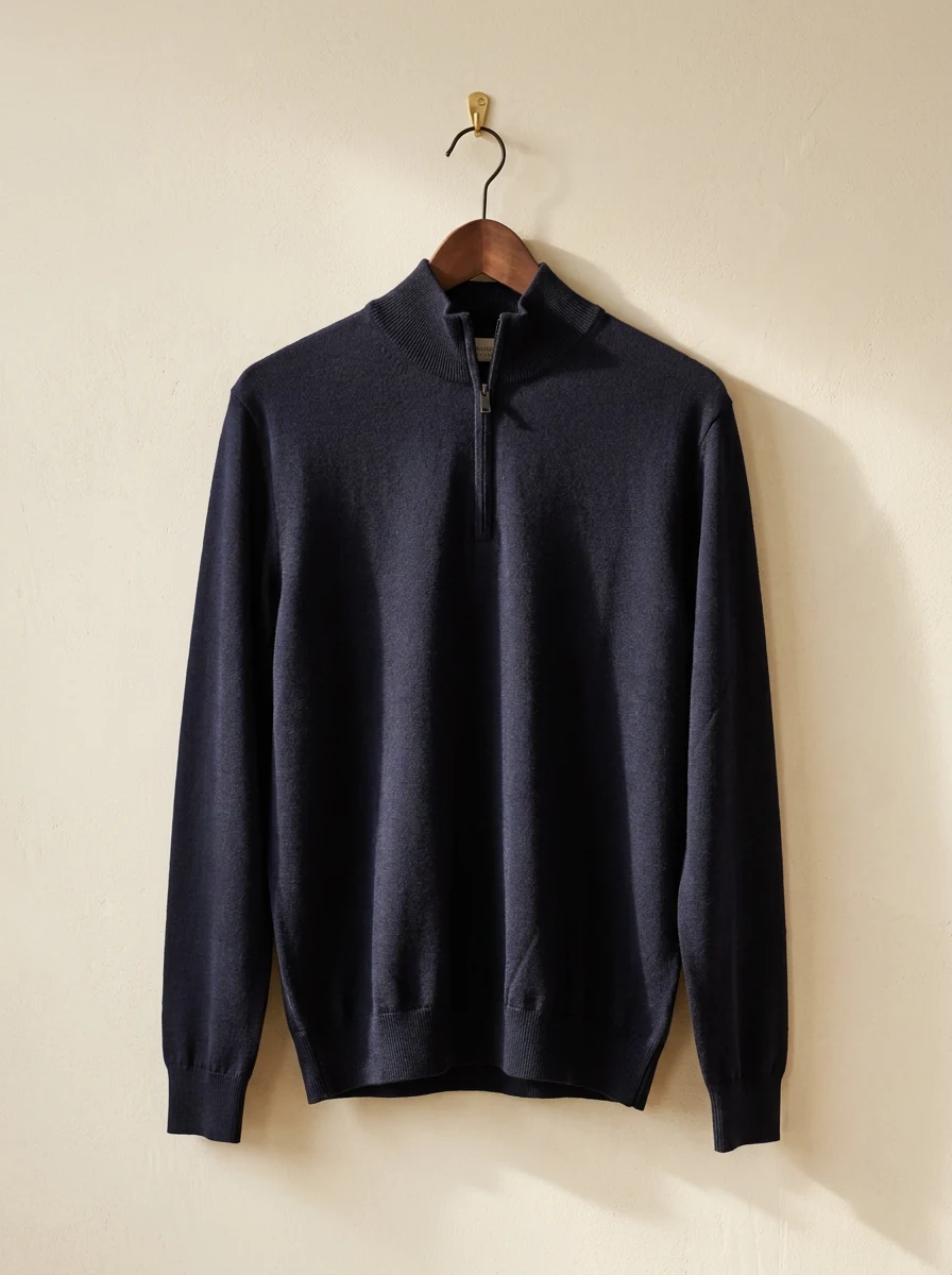 Ferrante fine-gauge merino quarter-zip on a walnut hanger