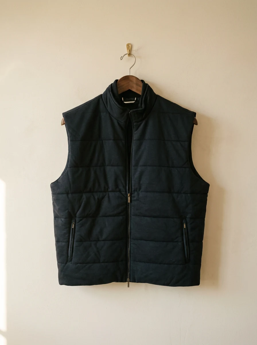 Bugatti quilted navy vest on a walnut hanger