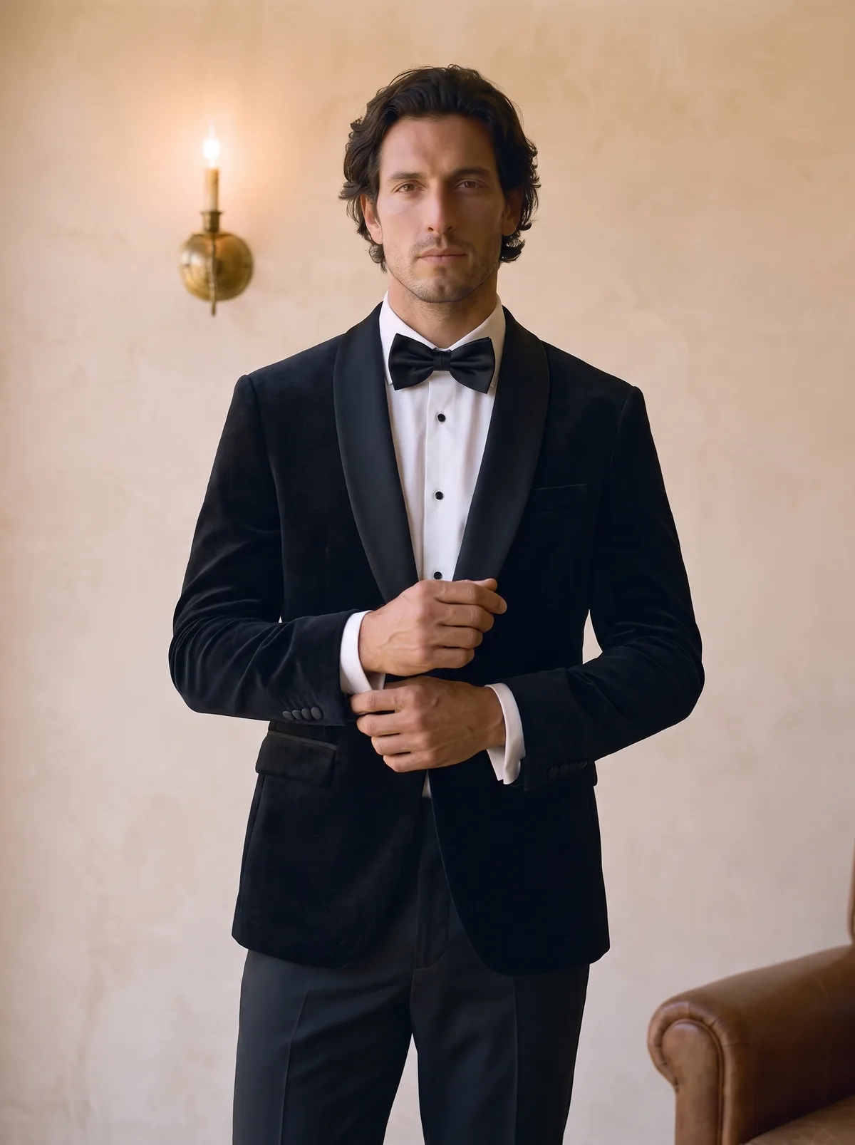 A man in a black velvet dinner jacket with a shawl collar, a bow tie and tuxedo trousers