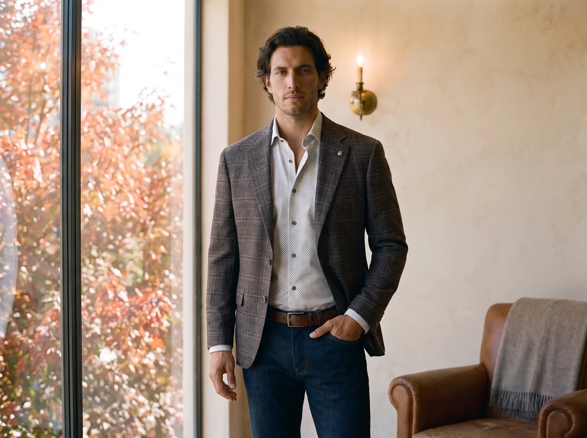 A man in a checked sport coat, patterned sport shirt and denim beside a window with fall leaves