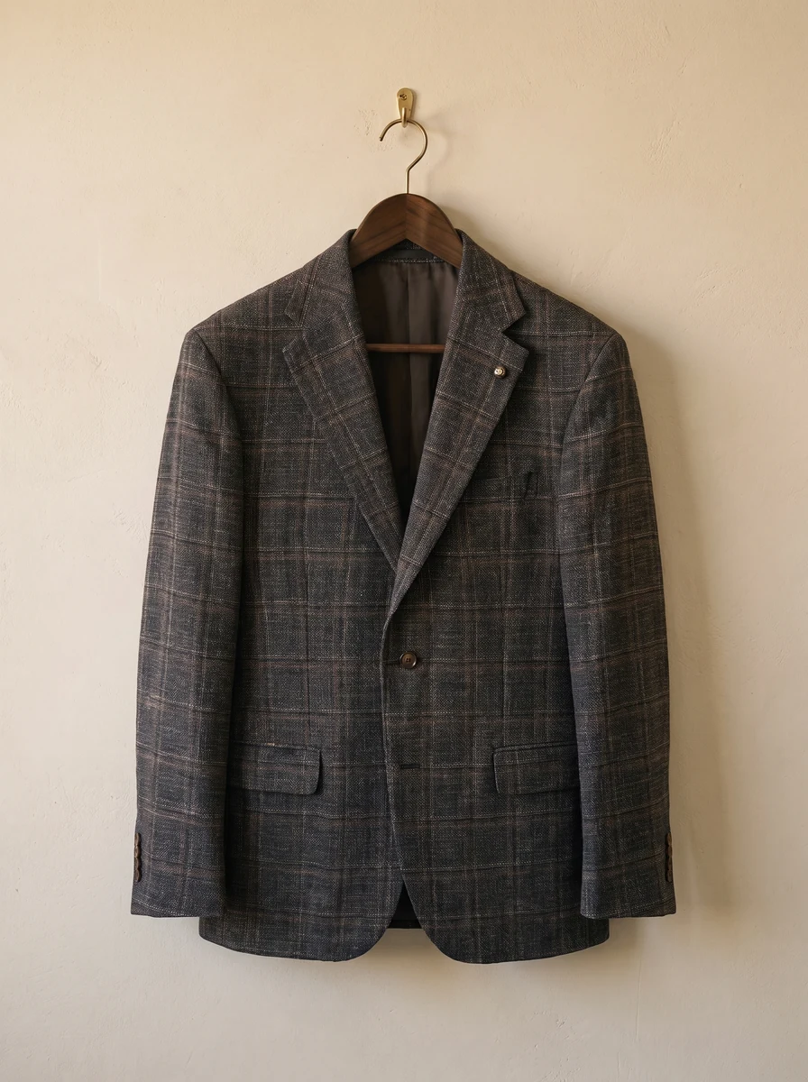 Jack Victor checked sport coat on a walnut hanger